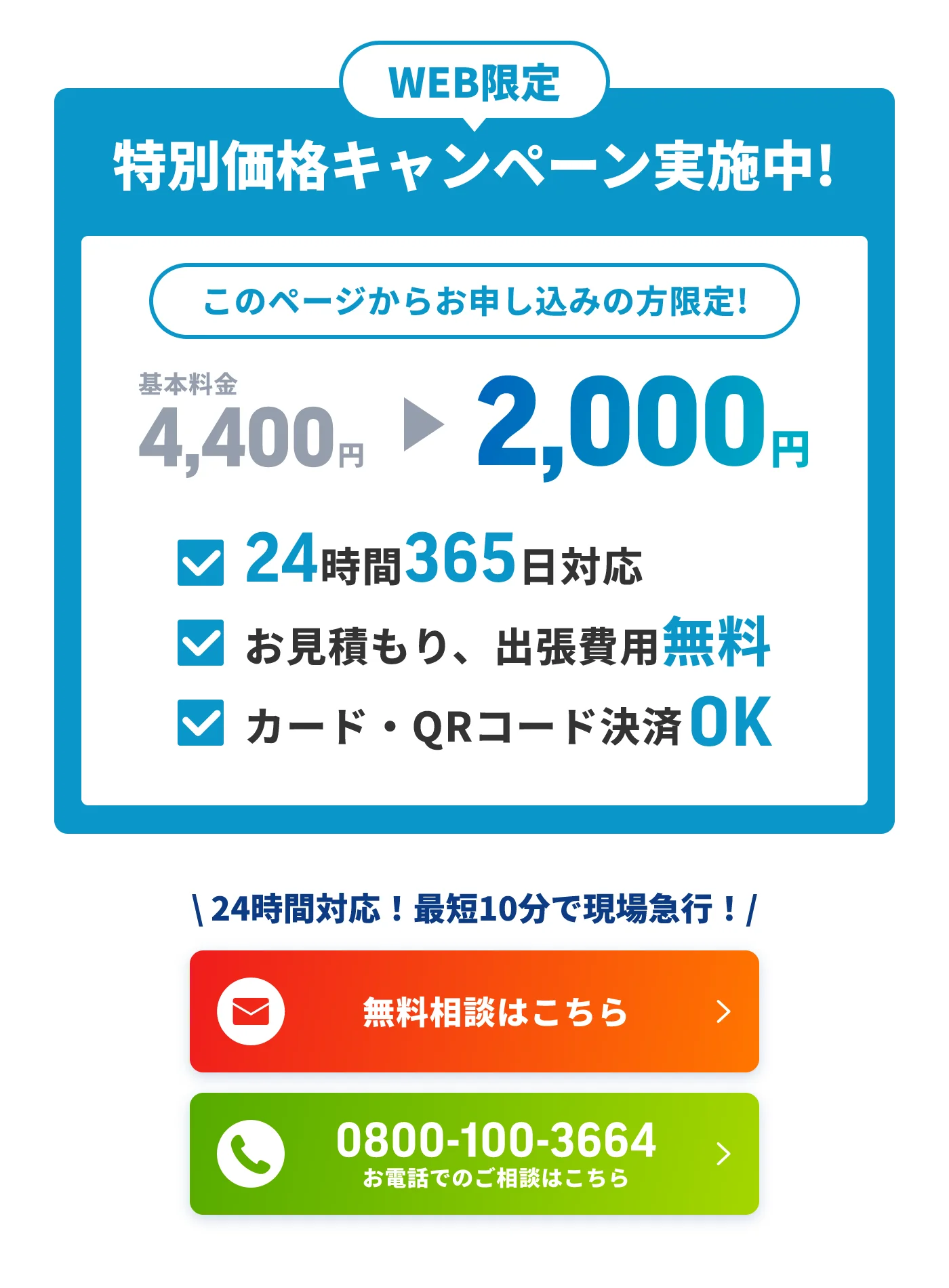 WEB限定の特別価格キャンペーン。基本料金4,400円がこのページからの申し込み限定で2,000円。24時間365日対応、見積もり・出張費無料、カード・QRコード決済対応。無料相談フォームと電話番号0800-100-3664を案内。